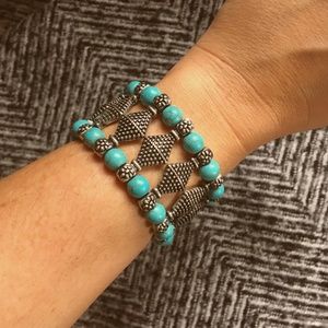 Stretchy Silver & Faux Turquoise Bracelet